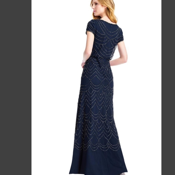Adrianna Papell Blouson Short Sleeve Embellished Beaded Maxi Gown Navy Size 4 - Picture 3 of 14